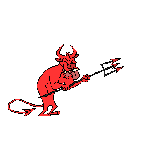 animated evil red pagan devil jabbing with his pitch fork