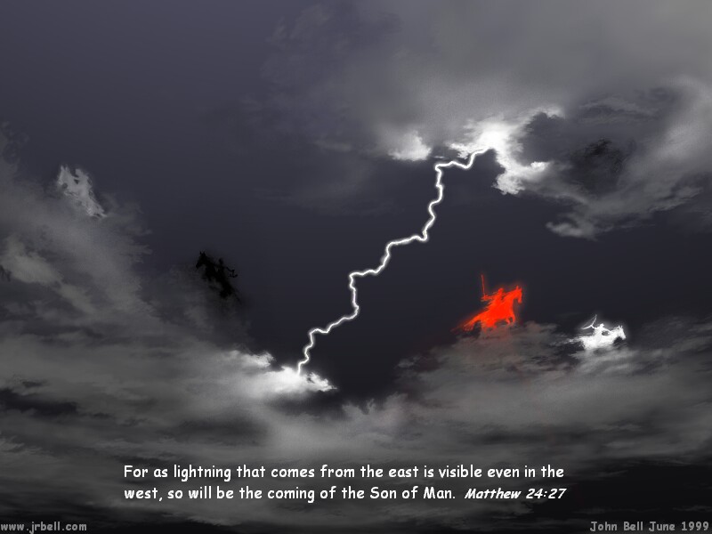 The rider on the red horse rides after the rider on the white horse on a stormy night of judgment