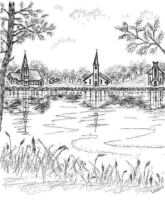 Various churches of different denominations around a lake
